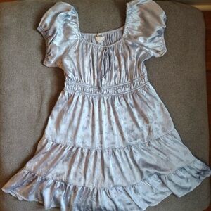 Arula Silky Baby Doll Dress Women A L/XL Blue Floral Puff Sleeve Milkmaid Fairy